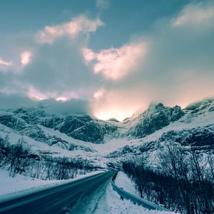 Preview wallpaper mountains, winter, road, snow, clouds, norway