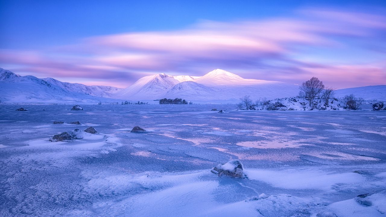 Wallpaper mountains, winter, sky, pink, snow, blue, loch lomond, rannoch moor, scotland
