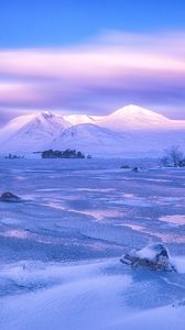 Preview wallpaper mountains, winter, sky, pink, snow, blue, loch lomond, rannoch moor, scotland