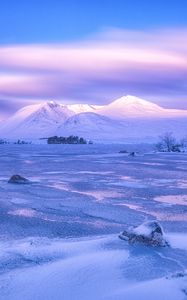 Preview wallpaper mountains, winter, sky, pink, snow, blue, loch lomond, rannoch moor, scotland