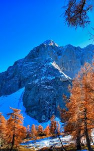 Preview wallpaper mountains, winter, sky, grass, trees, beautiful view