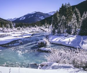 Preview wallpaper mountains, winter, snow, lake, trees