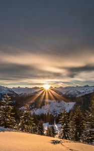 Preview wallpaper mountains, winter, snow, sunshine, firs