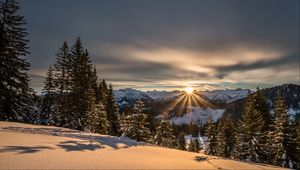 Preview wallpaper mountains, winter, snow, sunshine, firs