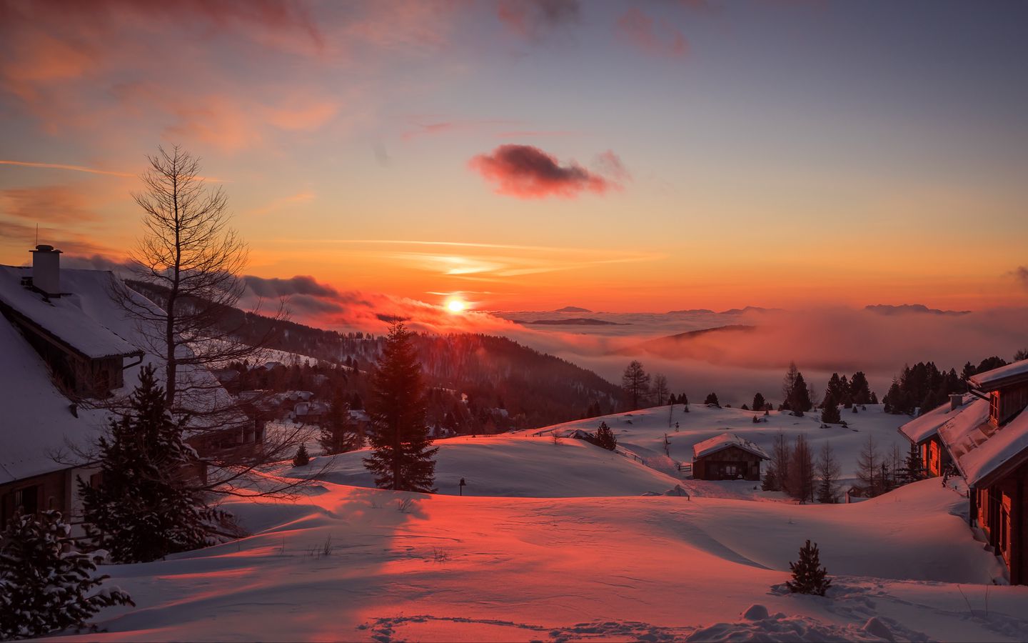 1440x900 Wallpaper mountains, winter, sunset, trees, austria