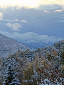 Preview wallpaper mountains, winter, trees, rivers, clouds