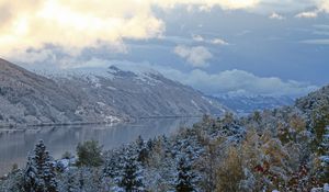 Preview wallpaper mountains, winter, trees, rivers, clouds