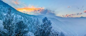 Preview wallpaper mountains, winter, trees, snow, clouds