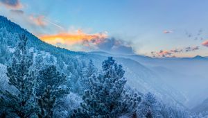 Preview wallpaper mountains, winter, trees, snow, clouds