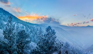 Preview wallpaper mountains, winter, trees, snow, clouds