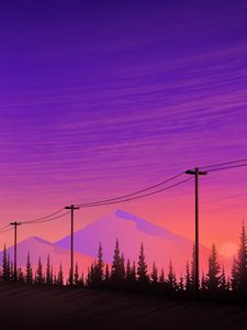 Preview wallpaper mountains, wires, purple, art