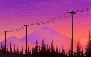 Preview wallpaper mountains, wires, purple, art