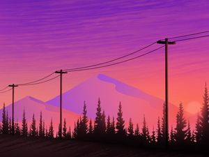 Preview wallpaper mountains, wires, purple, art