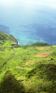 Preview wallpaper mountains, wood, green, sea, water, blue, land