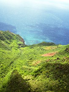 Preview wallpaper mountains, wood, green, sea, water, blue, land