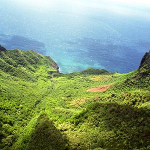 Preview wallpaper mountains, wood, green, sea, water, blue, land