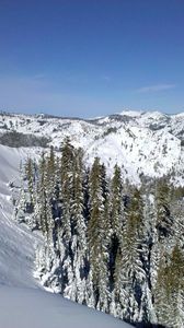 Preview wallpaper mountains, wood, lowland, snow, winter, sky, blue, ate