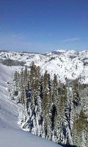 Preview wallpaper mountains, wood, lowland, snow, winter, sky, blue, ate