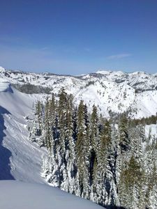 Preview wallpaper mountains, wood, lowland, snow, winter, sky, blue, ate