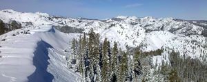 Preview wallpaper mountains, wood, lowland, snow, winter, sky, blue, ate