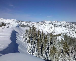 Preview wallpaper mountains, wood, lowland, snow, winter, sky, blue, ate