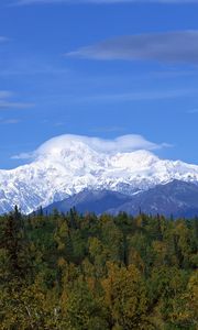 Preview wallpaper mountains, wood, trees, clouds, summer, snow, coniferous