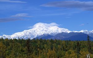 Preview wallpaper mountains, wood, trees, clouds, summer, snow, coniferous