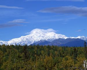 Preview wallpaper mountains, wood, trees, clouds, summer, snow, coniferous