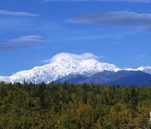 Preview wallpaper mountains, wood, trees, clouds, summer, snow, coniferous