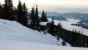 Preview wallpaper mounting skiing resort, slope, descent, house, fur-trees