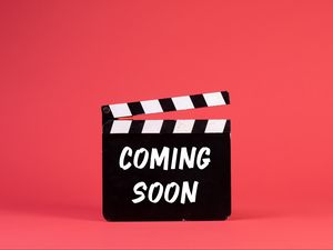 Preview wallpaper movie clapper, inscription, phrase, coming soon, pink