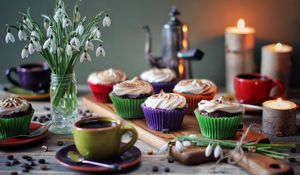 Preview wallpaper muffins, cream, dessert, coffee, flowers