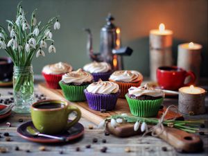 Preview wallpaper muffins, cream, dessert, coffee, flowers
