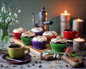 Preview wallpaper muffins, cream, dessert, coffee, flowers