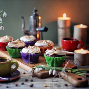 Preview wallpaper muffins, cream, dessert, coffee, flowers