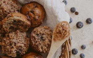 Preview wallpaper muffins, pastries, basket, spoon, dessert