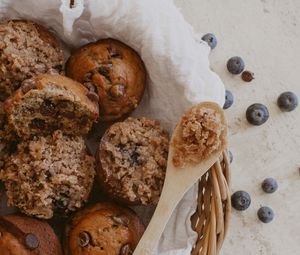 Preview wallpaper muffins, pastries, basket, spoon, dessert
