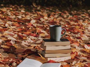 Preview wallpaper mug, books, foliage, autumn