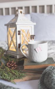 Preview wallpaper mug, books, lantern, branches, still life, aesthetics