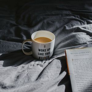 Preview wallpaper mug, coffee, book, morning