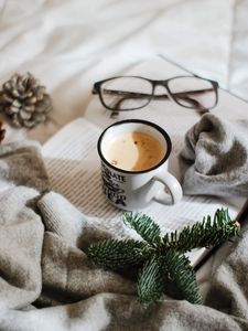 Preview wallpaper mug, coffee, book, branch, glasses