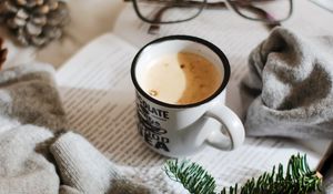 Preview wallpaper mug, coffee, book, branch, glasses