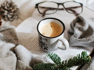 Preview wallpaper mug, coffee, book, branch, glasses