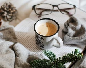 Preview wallpaper mug, coffee, book, branch, glasses