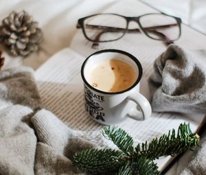 Preview wallpaper mug, coffee, book, branch, glasses