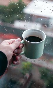 Preview wallpaper mug, coffee, hand, window, rain
