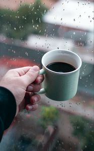 Preview wallpaper mug, coffee, hand, window, rain