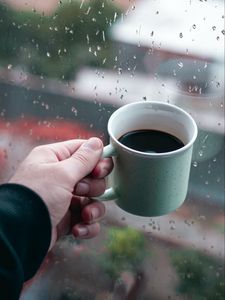 Preview wallpaper mug, coffee, hand, window, rain