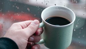 Preview wallpaper mug, coffee, hand, window, rain