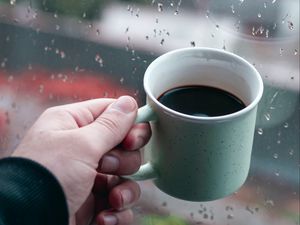 Preview wallpaper mug, coffee, hand, window, rain